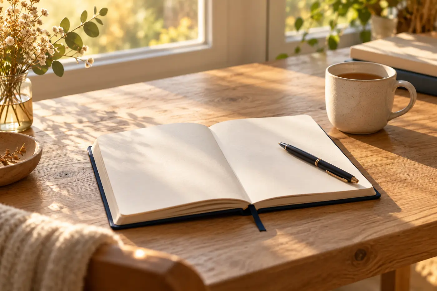 Un carnet ouvert et un stylo sur une table en bois près d’une fenêtre, pour clarifier ce qui te bloque et préparer un premier pas concret.
