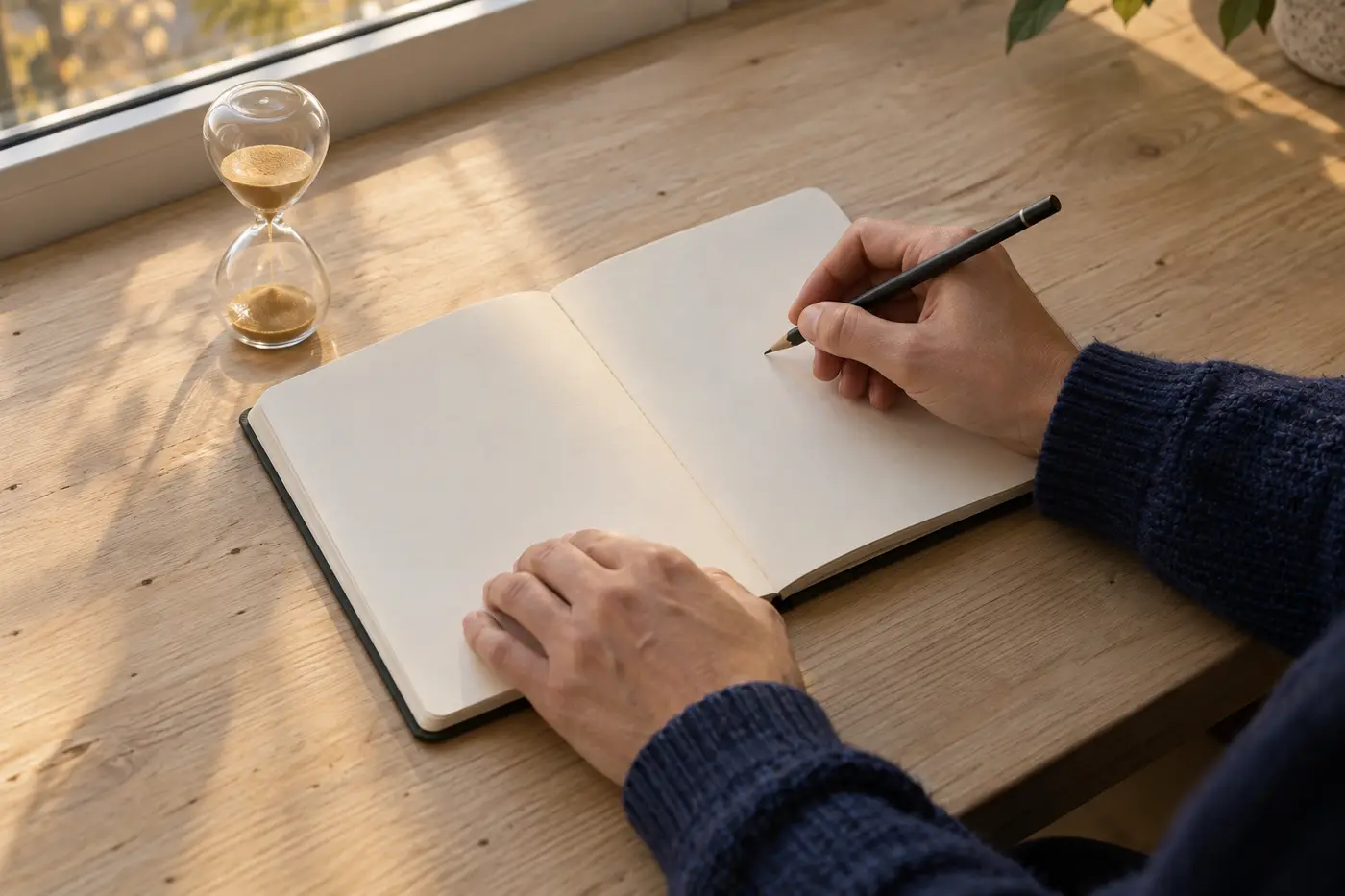 Des mains ouvrent un carnet et tiennent un crayon près d’un sablier, au moment de commencer un exercice d’apprentissage.