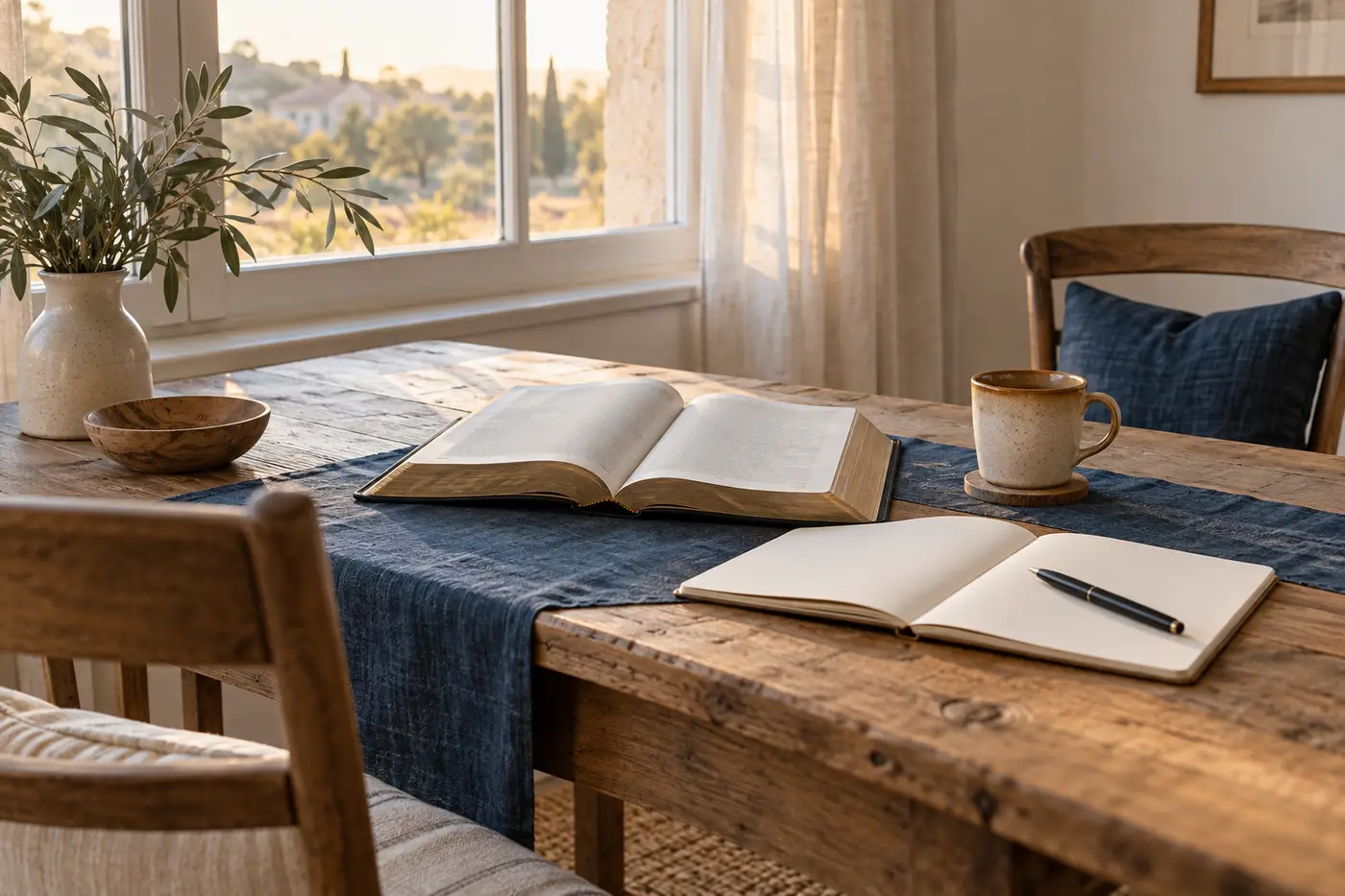 Une Bible ouverte et un carnet vierge sur une table entre deux chaises, prêts pour une conversation attentive.