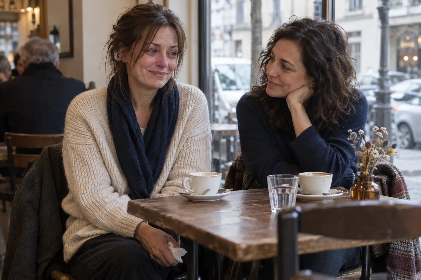 Dans un café, une femme sourit malgré les larmes qu’elle retient, tandis qu’une amie attentive la regarde : derrière son « ça va », elle redoute de montrer sa peine.