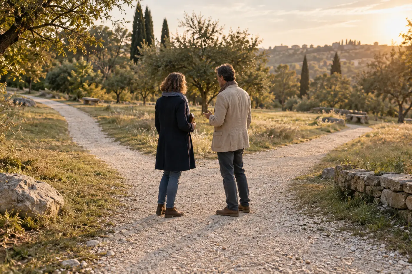 Deux adultes échangent à une bifurcation de chemins, pour réfléchir à la direction d’un accompagnement.