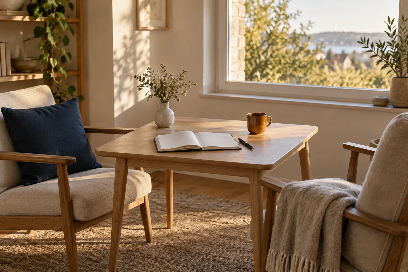 Deux fauteuils autour d’une table avec un carnet ouvert, prêts pour une conversation de coaching.